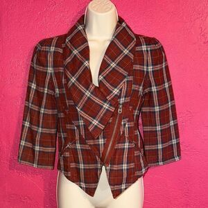 Juicy Couture rust red, blue & white plaid Y2K punk rock cotton jacket. Sz P.